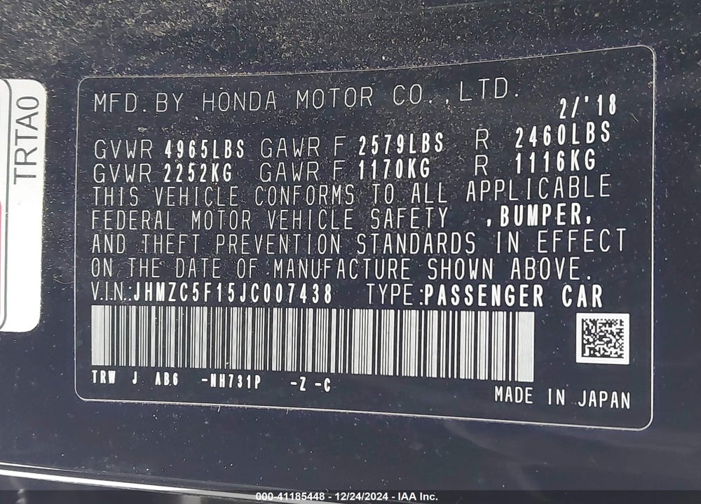 2018 HONDA CLARITY PLUG-IN HYBRID VIN: JHMZC5F15JC007438