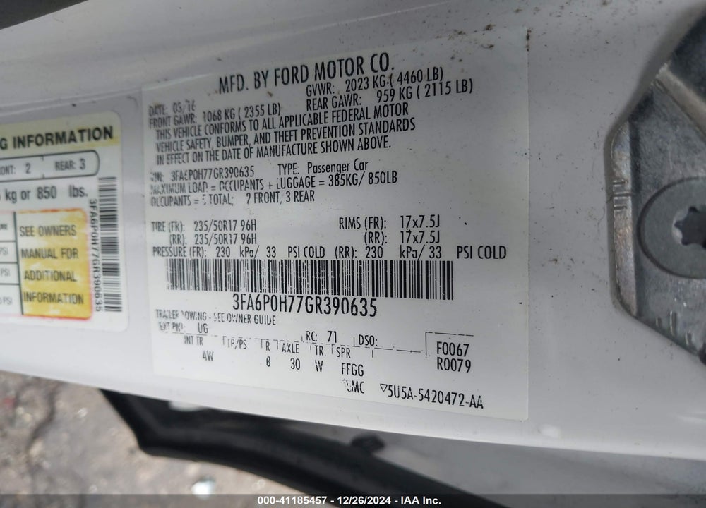 2016 FORD FUSION VIN: 3FA6P0H77GR390635