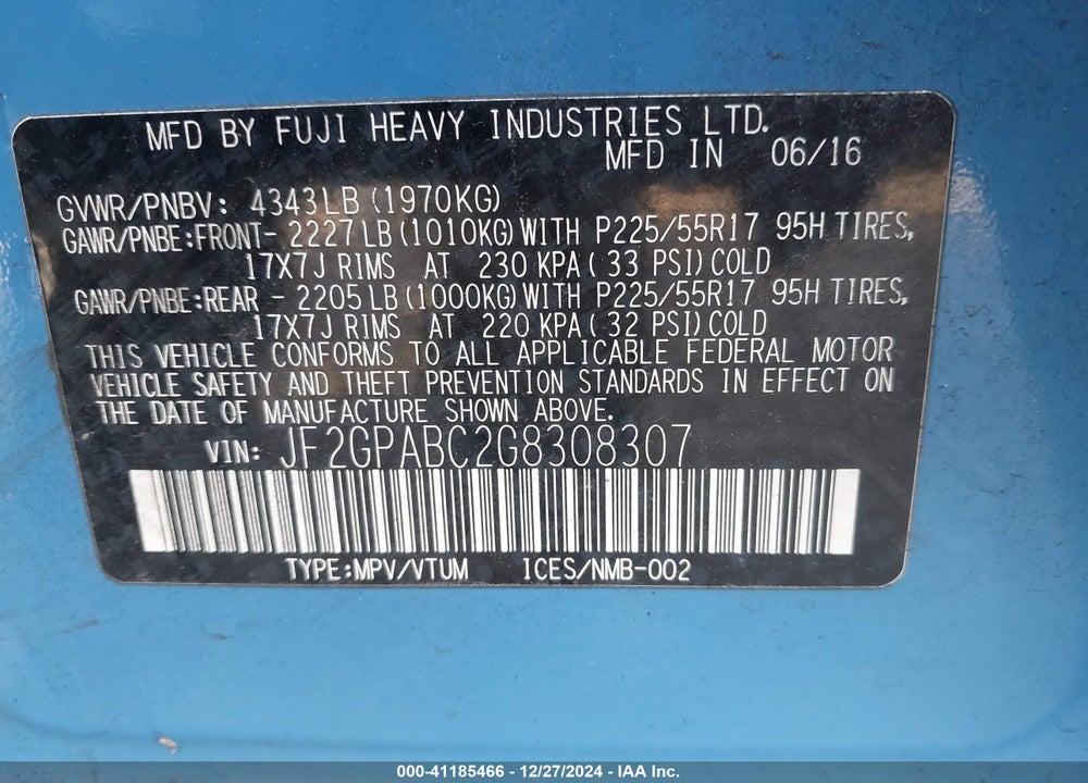 2016 SUBARU CROSSTREK VIN: JF2GPABC2G8308307