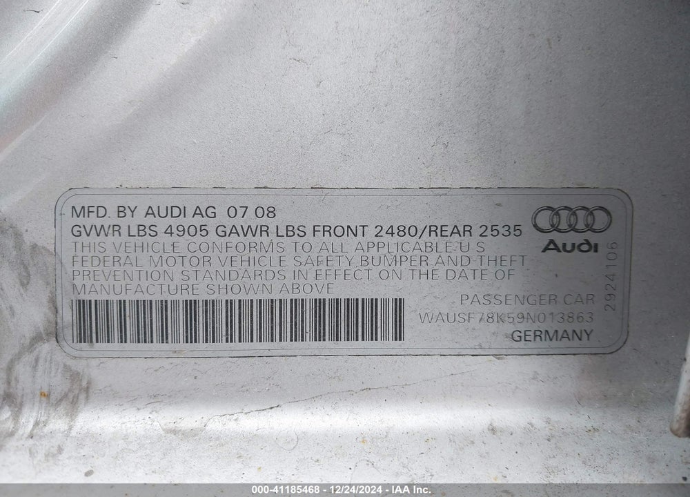 2009 AUDI A4 2.0T PREMIUM VIN: WAUSF78K59N013863