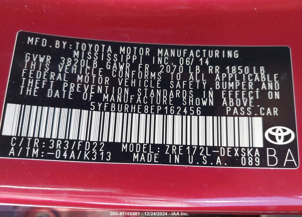 2014 TOYOTA COROLLA S PLUS VIN: 5YFBURHE8EP162456