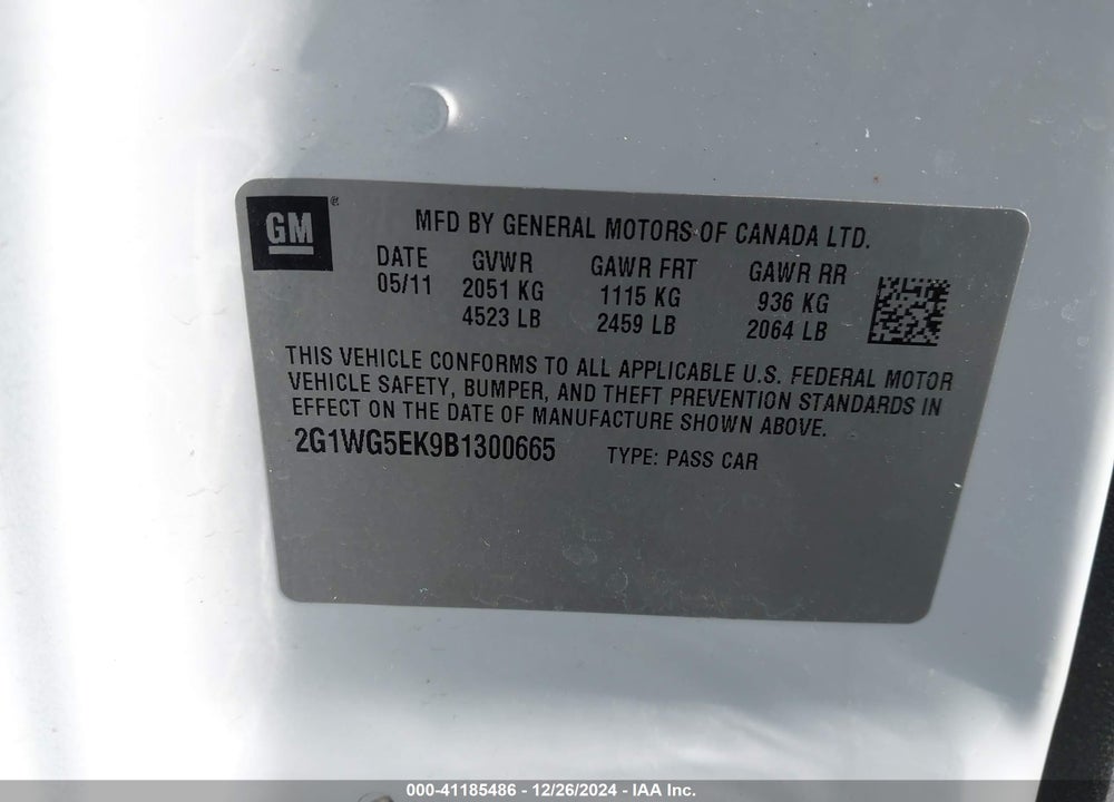 2011 CHEVROLET IMPALA LT VIN: 2G1WG5EK9B1300665