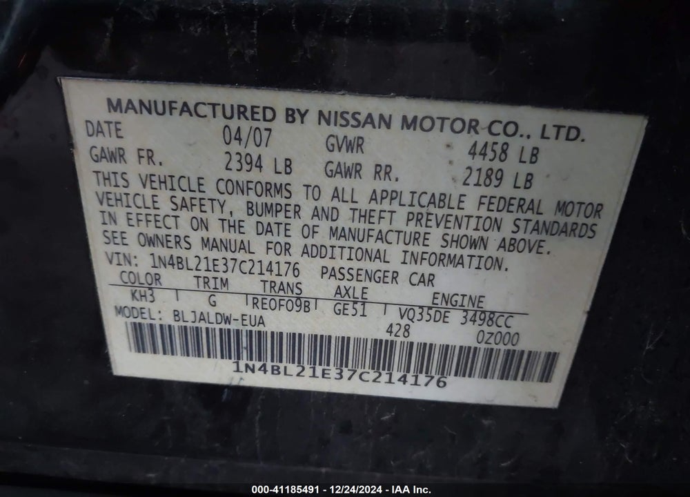 2007 NISSAN ALTIMA VIN: 1N4BL21E37C214176