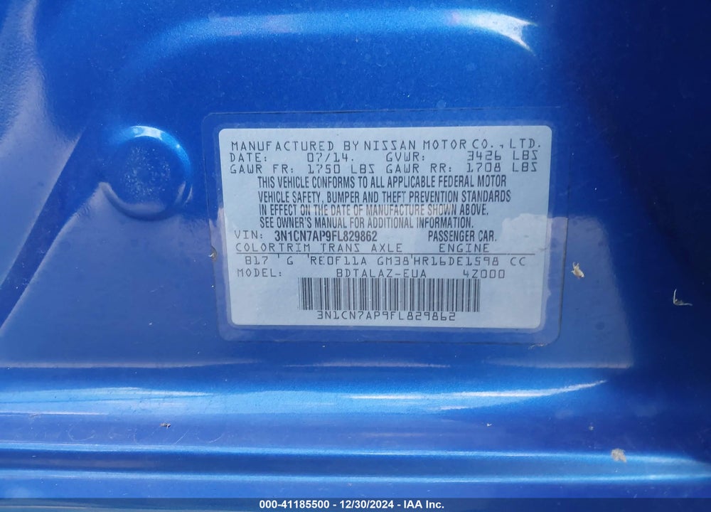 2015 NISSAN VERSA 1.6 S+ VIN: 3N1CN7AP9FL829862