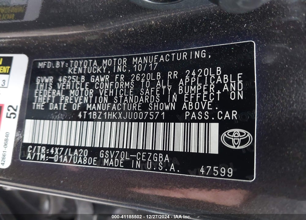 2018 TOYOTA CAMRY VIN: 4T1BZ1HKXJU007571