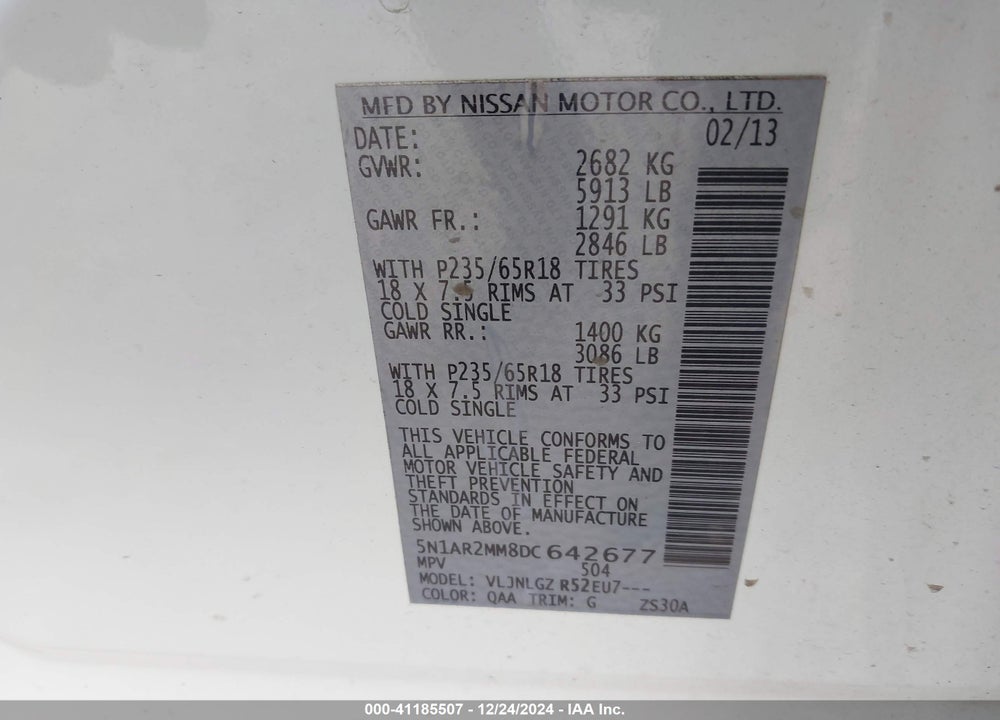 2013 NISSAN PATHFINDER SL VIN: 5N1AR2MM8DC642677