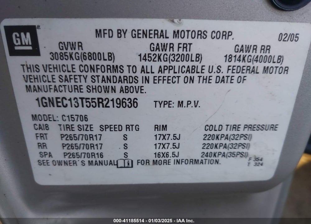 2005 CHEVROLET TAHOE VIN: 1GNEC13T55R219636