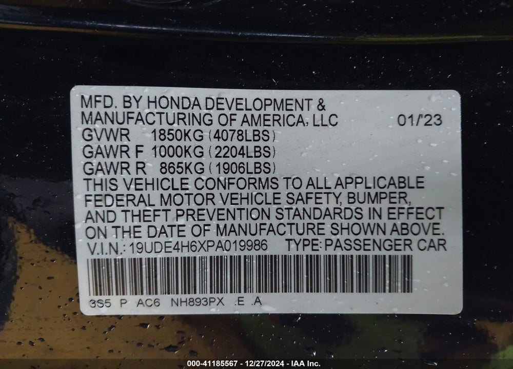 2023 ACURA INTEGRA VIN: 19UDE4H6XPA019986