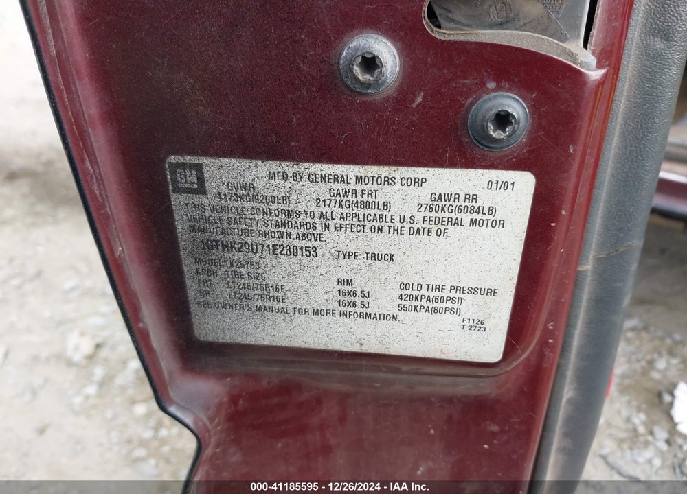 2001 GMC SIERRA 2500HD SLE VIN: 1GTHK29U71E230153