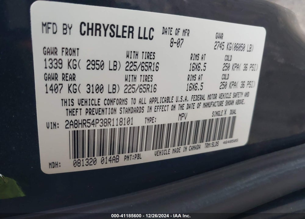 2008 CHRYSLER TOWN & COUNTRY TOURING VIN: 2A8HR54P38R118101