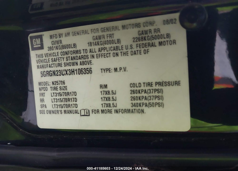 2003 HUMMER H2 VIN: 5GRGN23UX3H106356