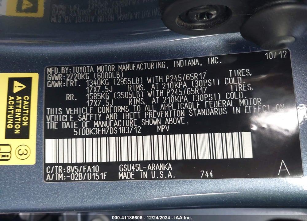 2013 TOYOTA HIGHLANDER BASE PLUS V6 VIN: 5TDBK3EH7DS183712
