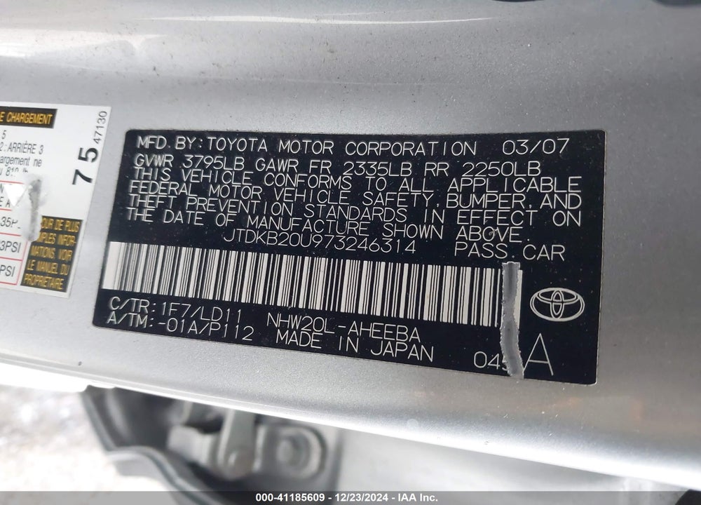 2007 TOYOTA PRIUS VIN: JTDKB20U973246314