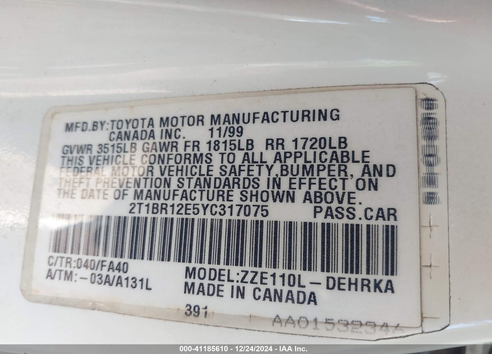2000 TOYOTA COROLLA VE VIN: 2T1BR12E5YC317075