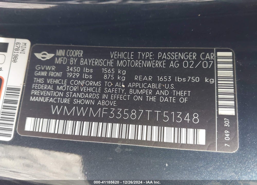 2007 MINI COOPER COS VIN: WMWWF33587TT51348