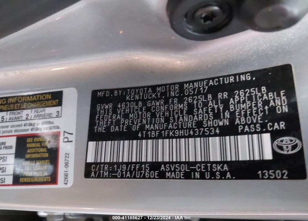 2017 TOYOTA CAMRY VIN: 4T1BF1FK9HU437534