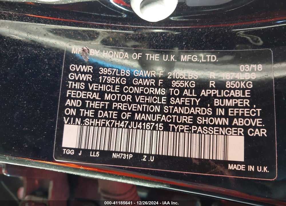 2018 HONDA CIVIC SPORT VIN: SHHFK7H47JU416715