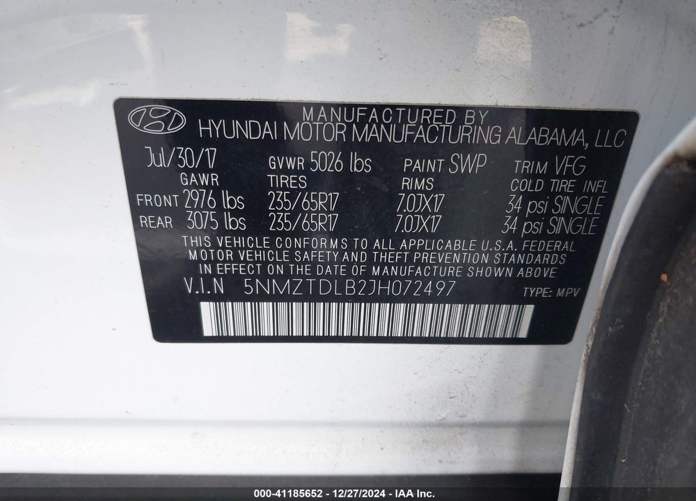 2018 HYUNDAI SANTA FE SPORT 2.4L VIN: 5NMZTDLB2JH072497