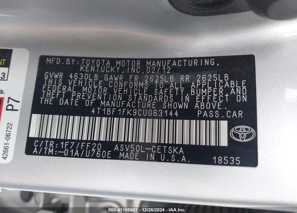 2012 TOYOTA CAMRY SE VIN: 4T1BF1FK9CU063144
