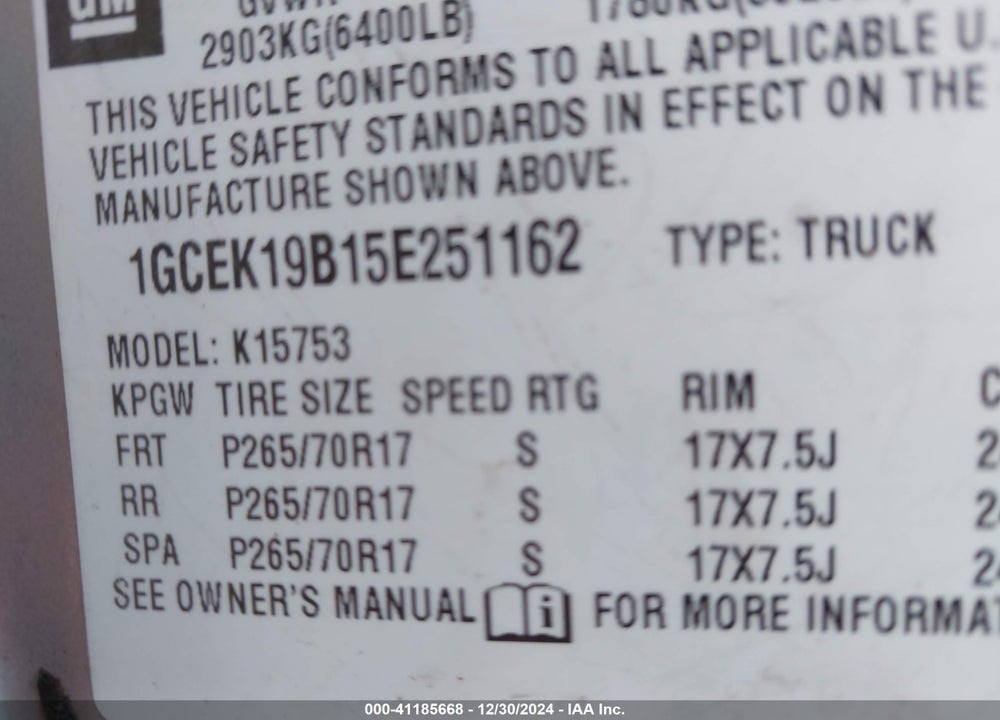 2005 CHEVROLET SILVERADO 1500 WORK TRUCK VIN: 1GCEK19B15E251162