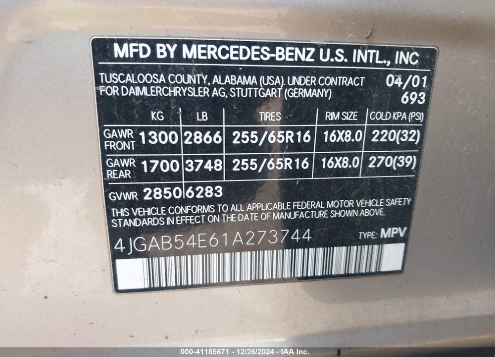 2001 MERCEDES-BENZ ML 320 VIN: 4JGAB54E61A273744