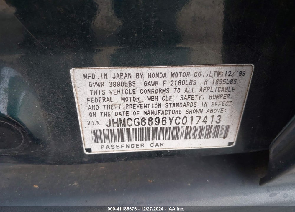 2000 HONDA ACCORD 2.3 SE VIN: JHMCG6696YC017413