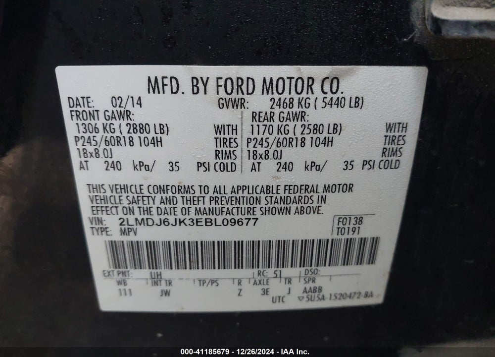 2014 LINCOLN MKX VIN: 2LMDJ6JK3EBL09677