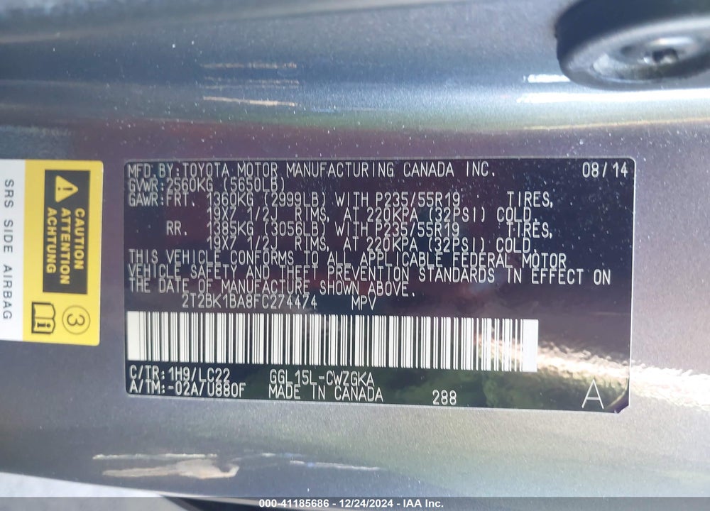 2015 LEXUS RX 350 F-SPORT VIN: 2T2BK1BA8FC274474