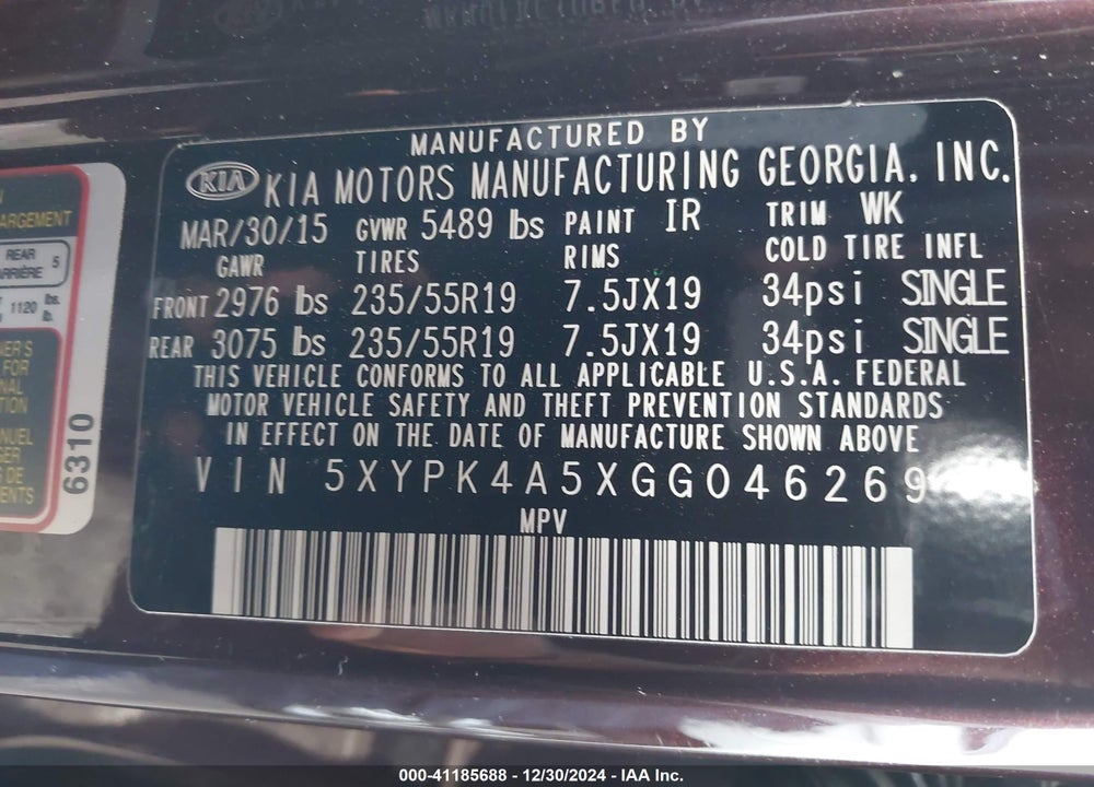 2016 KIA SORENTO 3.3L SX VIN: 5XYPK4A5XGG046269