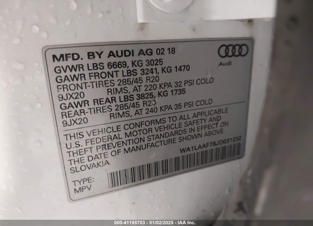 2018 AUDI Q7 3.0T PREMIUM VIN: WA1LAAF78JD031232