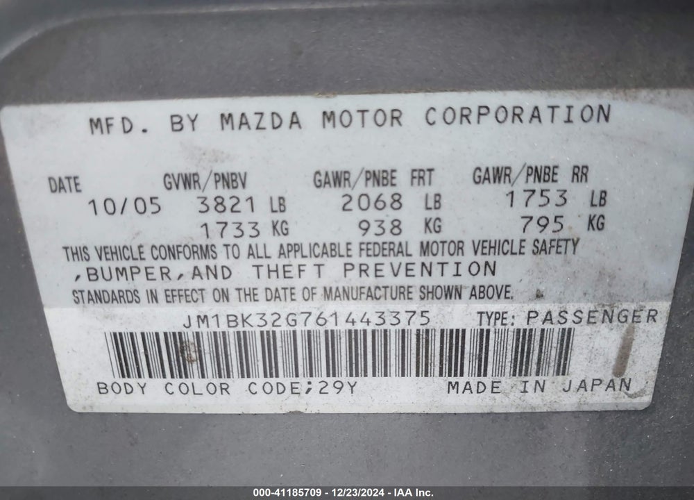 2006 MAZDA 3 I VIN: JM1BK32G761443375