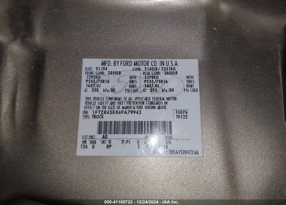 2004 FORD RANGER EDGE/TREMOR/XLT VIN: 1FTZR45EX4PA79943