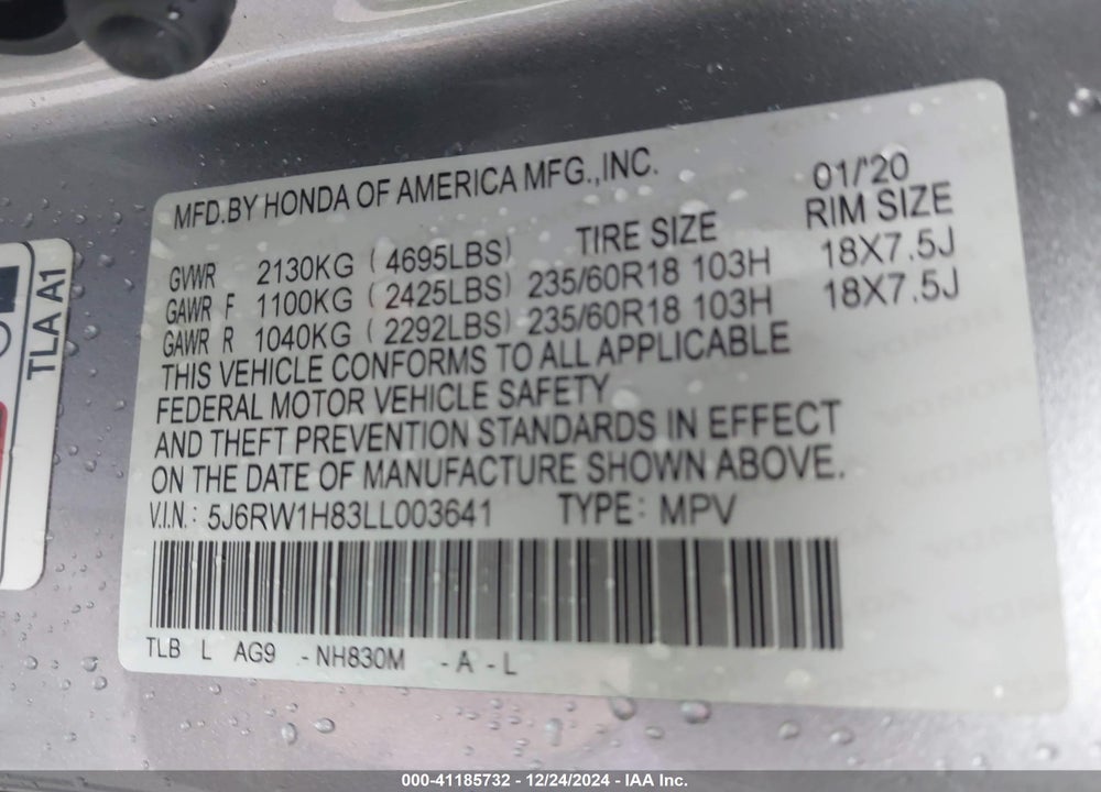 2020 HONDA CR-V 2WD EX-L VIN: 5J6RW1H83LL003641