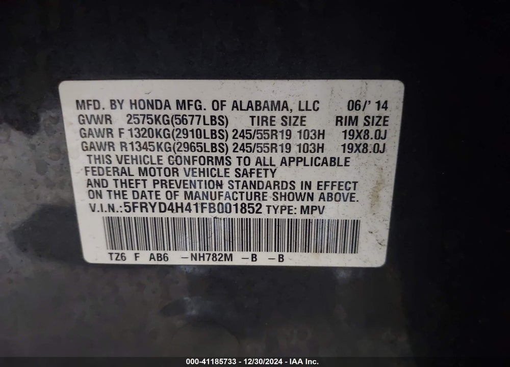 2015 ACURA MDX TECHNOLOGY PACKAGE VIN: 5FRYD4H41FB001852