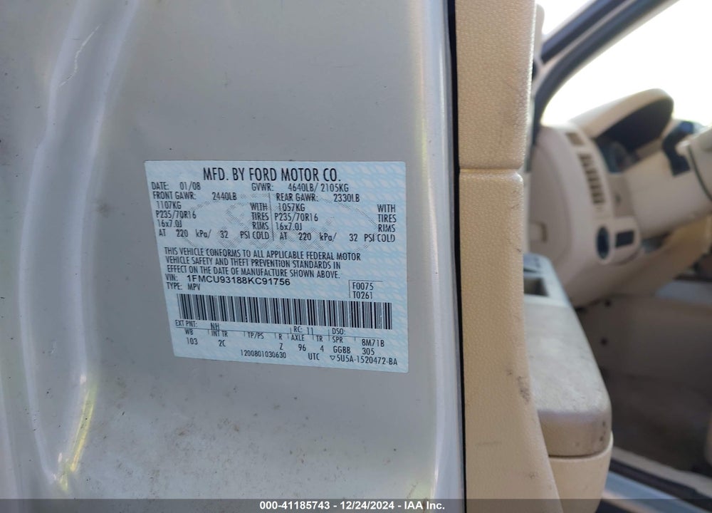 2008 FORD ESCAPE XLT VIN: 1FMCU93188KC91756