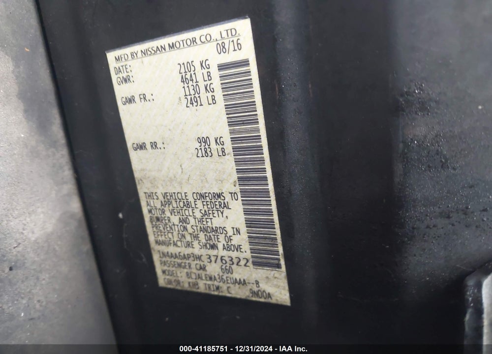 2017 NISSAN MAXIMA VIN: 1N4AA6AP3HC376322