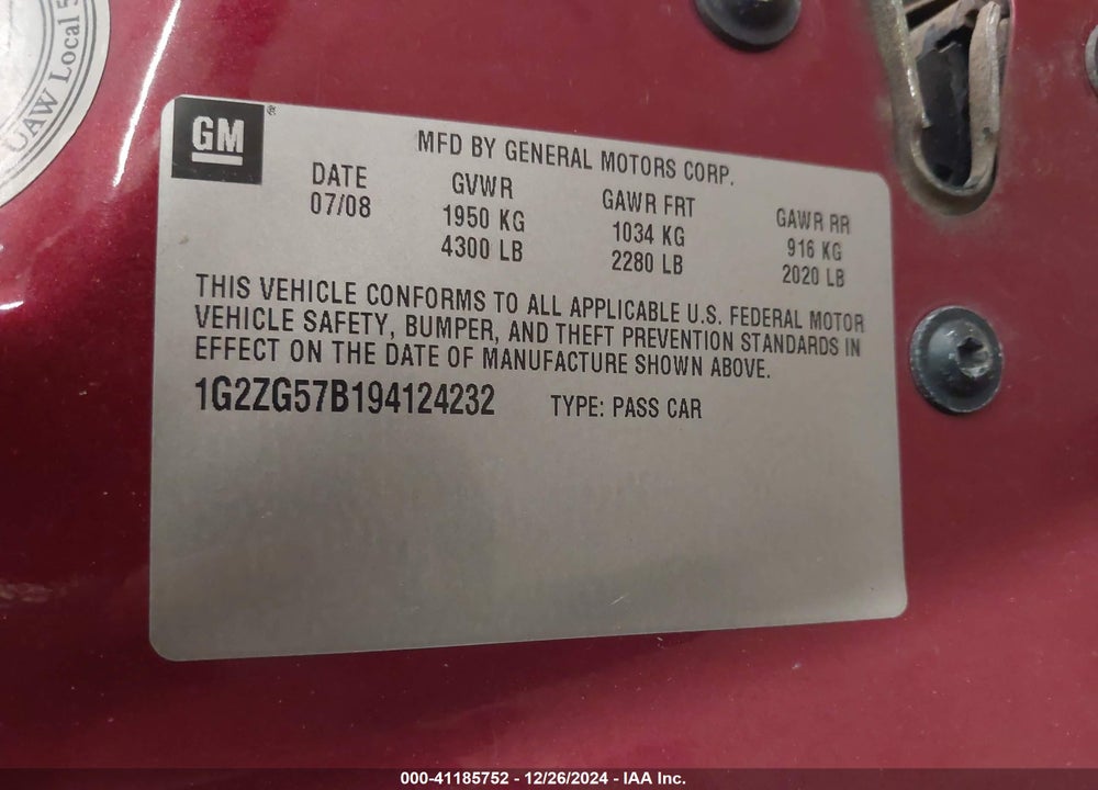 2009 PONTIAC G6 VIN: 1G2ZG57B194124232