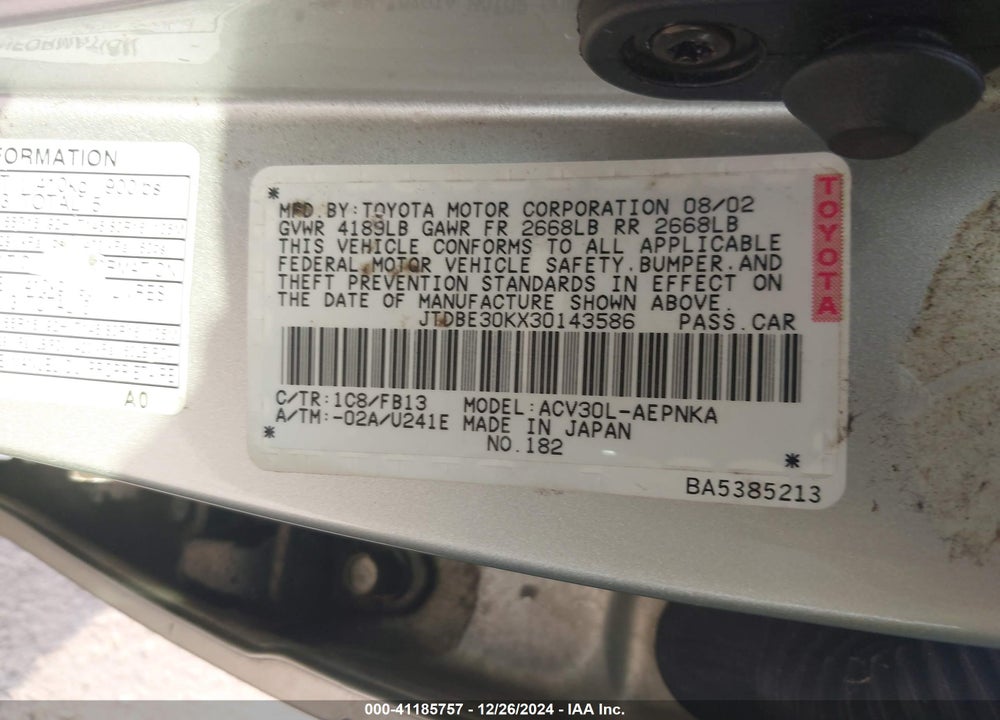 2003 TOYOTA CAMRY LE/SE/XLE VIN: JTDBE30KX30143586