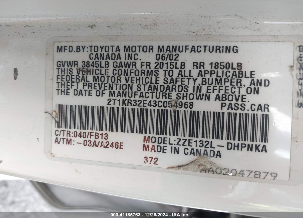 2003 TOYOTA MATRIX/XR VIN: 2T1KR32E43C054968