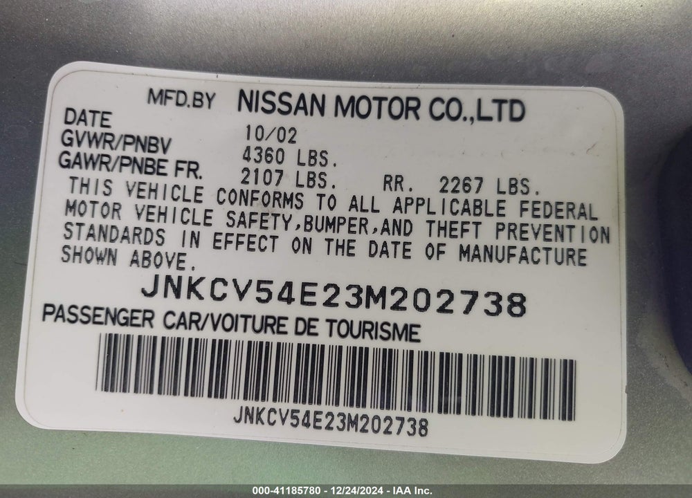 2003 INFINITI G35 BASE W/LEATHER VIN: JNKCV54E23M202738
