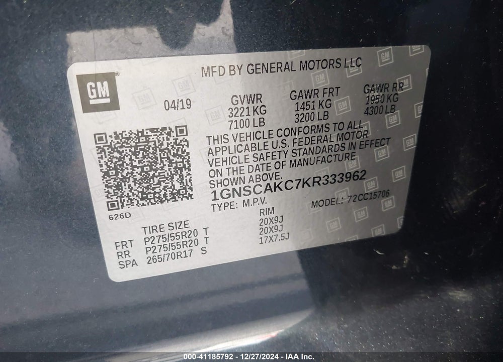 2019 CHEVROLET TAHOE LS VIN: 1GNSCAKC7KR333962