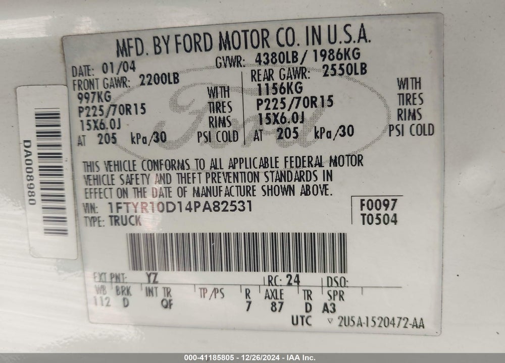2004 FORD RANGER XL/XLT VIN: 1FTYR10D14PA82531