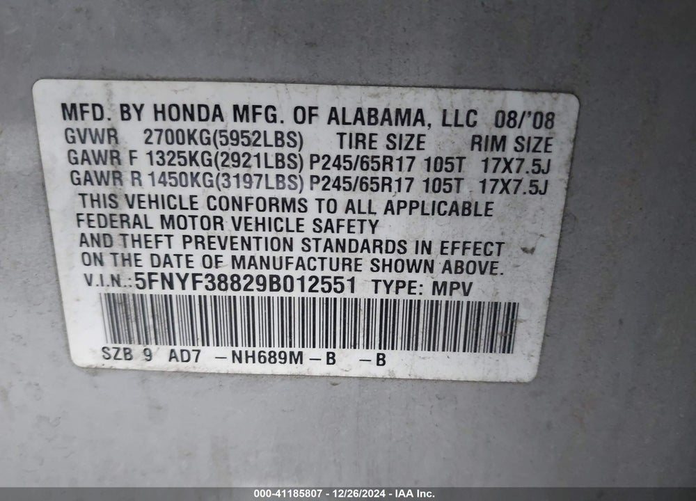 2009 HONDA PILOT VIN: 5FNYF38829B012551