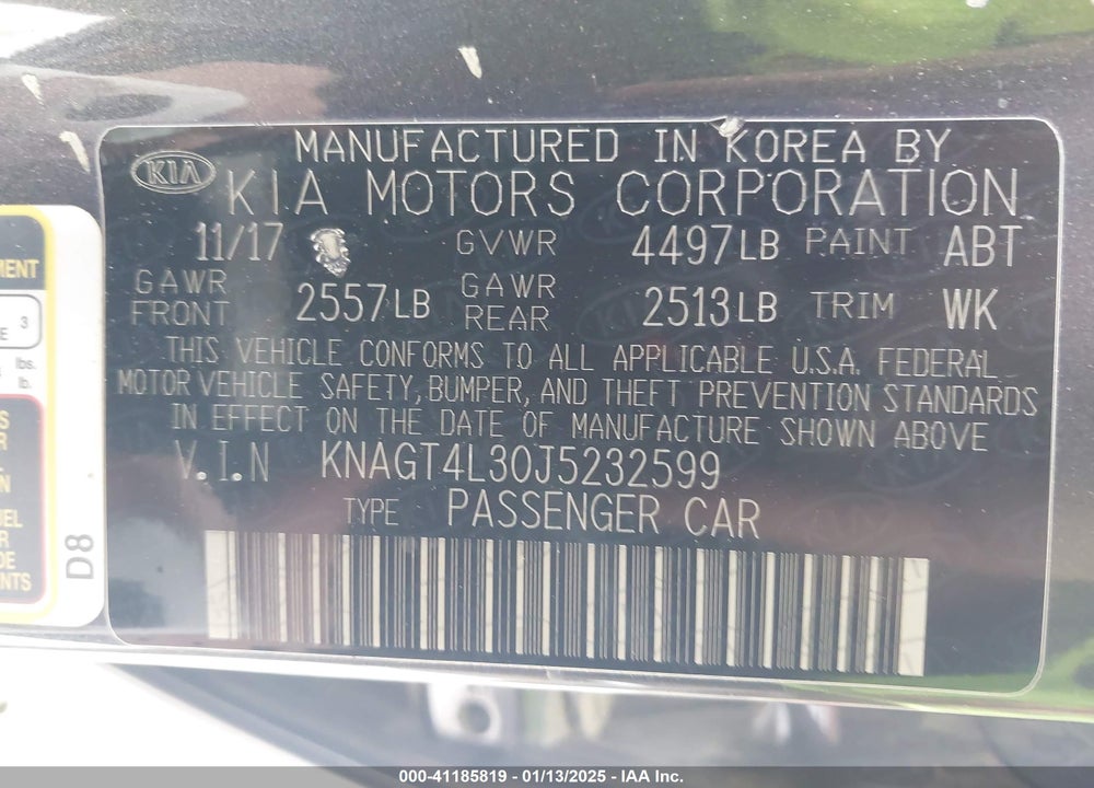 2018 KIA OPTIMA VIN: KNAGT4L30J5232599