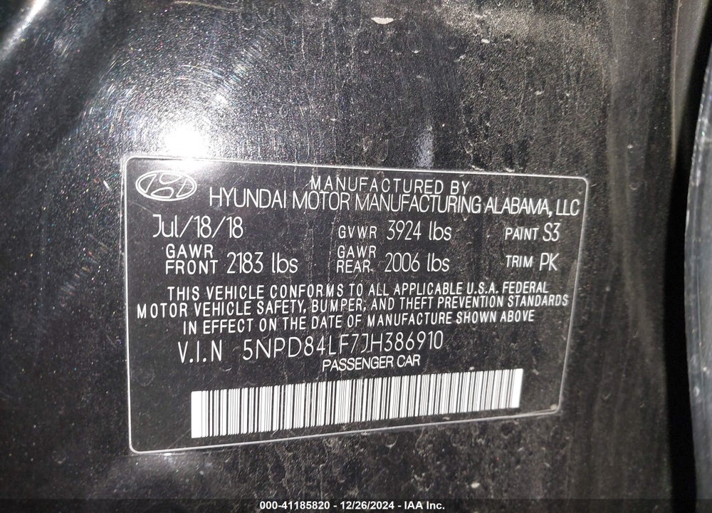 2018 HYUNDAI ELANTRA VIN: 5NPD84LF7JH386910