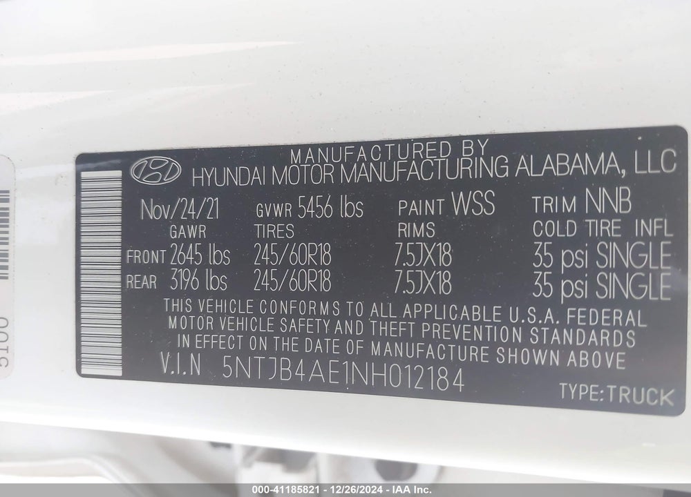 2022 HYUNDAI SANTA CRUZ VIN: 5NTJB4AE1NH012184