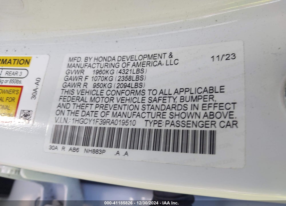 2024 HONDA ACCORD VIN: 1HGCY1F39RA019510