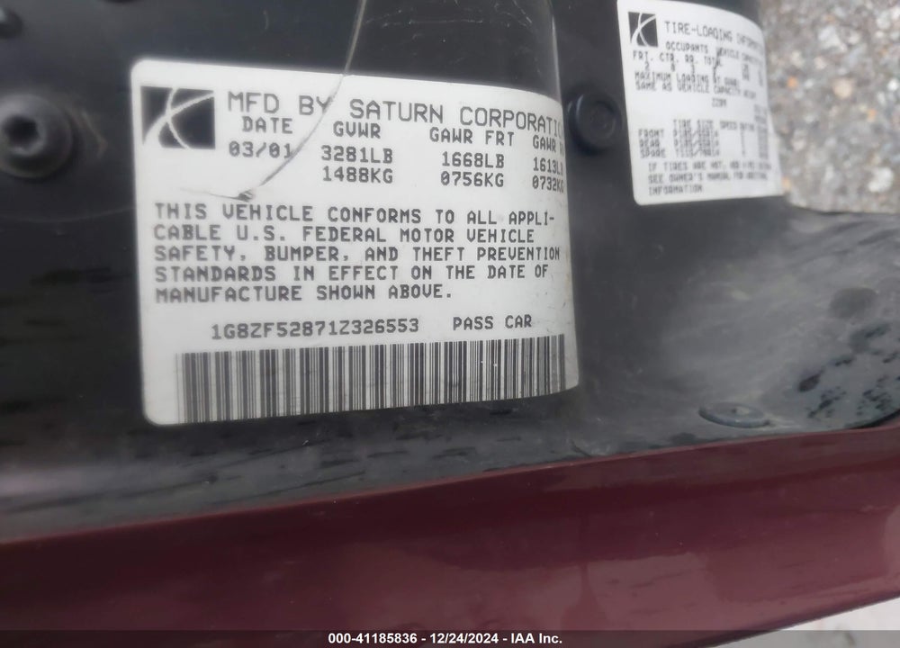 2001 SATURN SL VIN: 1G8ZF52871Z326553