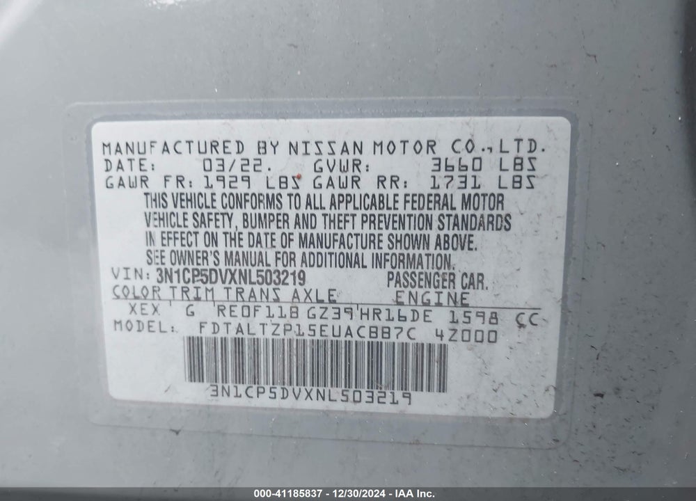 2022 NISSAN KICKS SR XTRONIC CVT VIN: 3N1CP5DVXNL503219