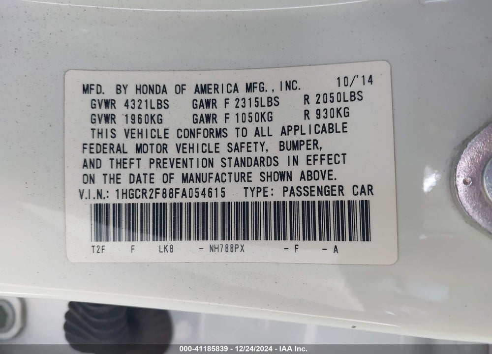 2015 HONDA ACCORD EX-L VIN: 1HGCR2F88FA054615